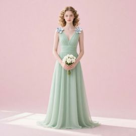 Sage Green Long Bridesmaid Dress with Floral Shoulder Embellishments - Elegant V-Neck Chiffon Gown for Weddings