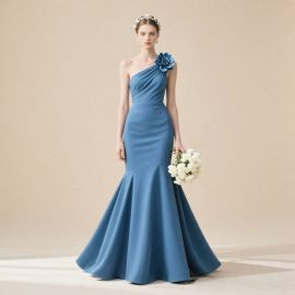 Stunning Blue One - Shoulder Mermaid Prom Dress with Flower Accent