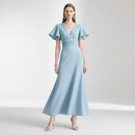Elegant Light Blue Long Dress: V-Neck, Ruffle Sleeves, Waist-Cinching Design - Perfect for Formal Events