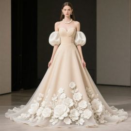 Elegant Off - Shoulder Wedding Dress: Puff Sleeves & 3D Floral Embroidery Ball Gown