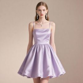 Lavender Spaghetti Strap Short Satin A - Line Dress - Chic Evening & Party Wear