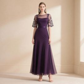 Elegant Purple Lace-Sleeve Long Evening Dress with Sheer Overlay