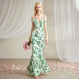 Elegant Green Floral Print Spaghetti Strap Mermaid Maxi Dress - Summer Chic Style