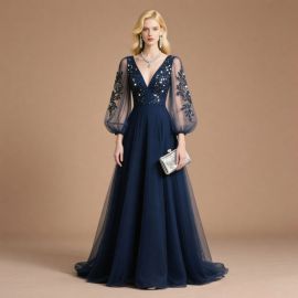 Elegant Navy Blue Sequined Evening Gown with Lace Puff Sleeves | Long Formal Party Dress