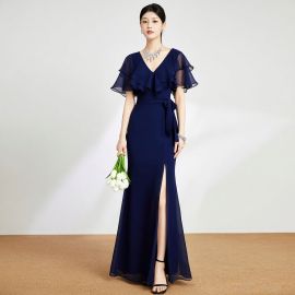 Elegant Navy Blue Chiffon Evening Gown with Ruffled Sleeves & High Slit