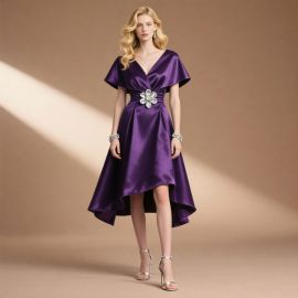 Elegant Purple Satin V-Neck High-Low Dress with Flower Waist Accent