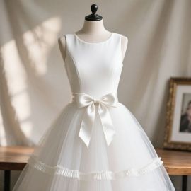 Elegant White Sleeveless Dress with Big Bow & Tulle Skirt - Princess Style