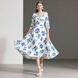 Elegant Blue Floral Print V - Neck Three - Quarter Sleeve Swing Midi Dress