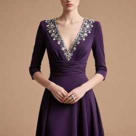 Elegant Purple Deep V-Neck Beaded Evening Gown for Formal Events