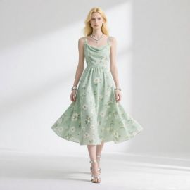 Light Green Floral Print Sleeveless Midi Dress - Elegant Summer Style