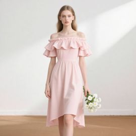 Pink Off - Shoulder Ruffled Asymmetrical Hem Midi Dress