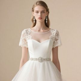Chic Lace Short - Sleeve Sweetheart Neckline Wedding Gown with Beaded Belt & Tulle Skirt