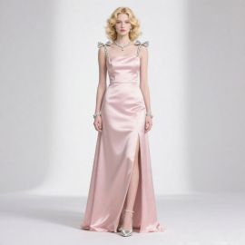 Elegant Pink Satin Evening Gown with Bow-Embellished Straps & High Slit - Formal/Prom Dress