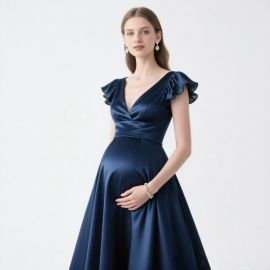 Elegant Navy Blue Satin Maternity Evening Gown with Ruffled Sleeves