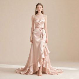 Blush Pink Satin Spaghetti Strap High-Low Ruffle Gown - Elegant Evening Dress