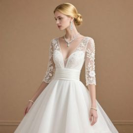 Elegant Lace Wedding Dress: Deep V-Neck, 3/4 Sleeves, A-Line Bridal Gown