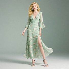 Mint Green Floral Print Maxi Dress - Deep V-Neck, Bell Sleeves, High Slit