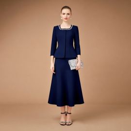 Chic Navy Blue Two - Piece Skirt Suit: Elegant Formal Wear for Women