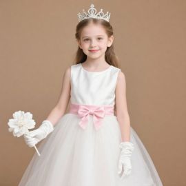 Girls' Elegant White Tulle Dress with Pink Bow & Princess Crown for Weddings/Parties