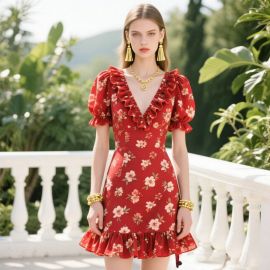 Romantic Red Floral Dress with Ruffled V-Neck & Puffed Sleeves - Summer Chic Style