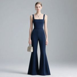 Elegant Navy Blue Square Neck Flare Leg Jumpsuit - Chic Office & Party Wear
