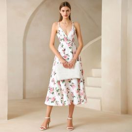 Elegant White Floral Print Spaghetti Strap Midi Dress - Summer Chic Style