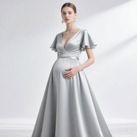 Elegant Silver Maternity Dress - V-Neck Flounce Sleeves Formal Gown for Weddings & Events