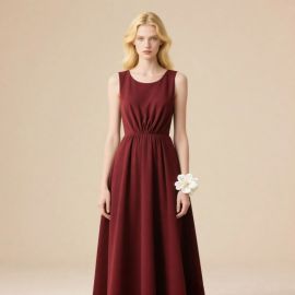 Burgundy Sleeveless Long Dress with Cinched Waist - Elegant A-Line Silhouette
