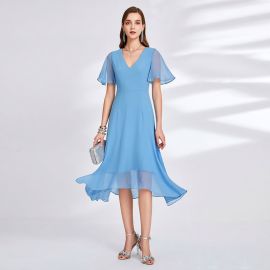 Elegant Light Blue V-Neck Chiffon Midi Dress with Flutter Sleeves