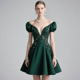 Emerald Green Off-Shoulder Short Dress with Lace & Beading - Elegant Party Gown