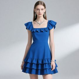 Elegant Royal Blue Ruffled Square Neck Mini Dress - Summer Party Chic