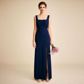 Navy Blue Sleeveless Square Neck Maxi Dress with Ruched Bodice & High Slit