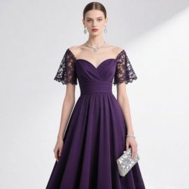 Purple Off-Shoulder Evening Gown with Lace Sleeves - Elegant Formal Dress for Special Events