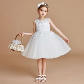White Lace Embroidered Flower Girl Dress - Elegant Sleeveless Tulle Wedding Party Gown