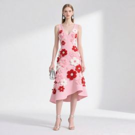 Elegant Pink Sleeveless V - Neck Midi Dress with 3D Floral Embellishments
