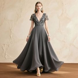 Elegant Gray Chiffon Gown: Lace & Sequin Embellished V-Neck Floor-Length Evening Dress
