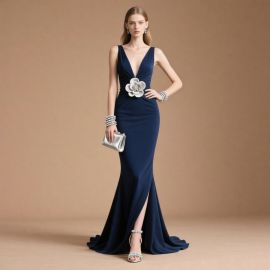 Navy Blue Mermaid Gown: Deep V-Neck, Flower Detail, Slit Design - Elegant Evening Dress