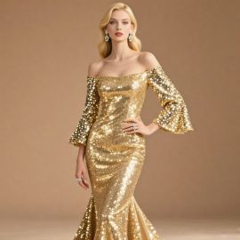 Gold Sequin Off - Shoulder Mermaid Gown with Flare Sleeves - Evening Party Dress