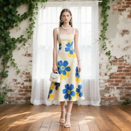 Vintage Floral Midi Dress - Square Neck Sleeveless Summer Style