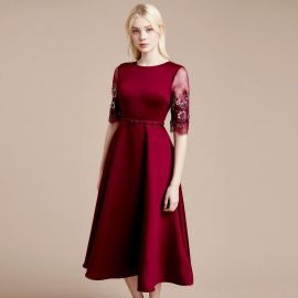 Burgundy Midi Dress with Floral Lace Sleeves & Waist Belt - Elegant A-line Party Evening Gown