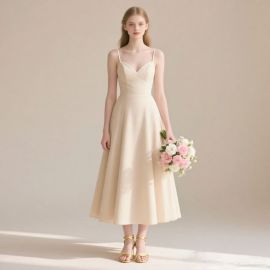 Elegant Ivory Spaghetti Strap Midi Dress for Weddings & Bridesmaids