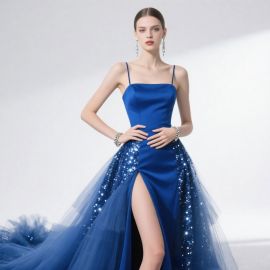 Elegant Royal Blue Sequined Spaghetti Strap Gown with High Slit - Evening Party Dress