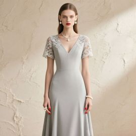Elegant Light Gray V-Neck Lace Short Sleeve Fitted Long Dress