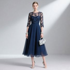Navy Blue Lace Embroidered Midi Dress with Illusion Sleeves