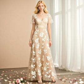 Elegant V-Neck Short Sleeve Floral Embroidered Maxi Dress - Women's Evening Gown