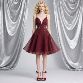 Burgundy Spaghetti Strap Short Prom Dress with Lace & Bead Embellishments