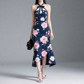 Navy Blue Floral Print Halter Neck Asymmetric Hem Long Dress