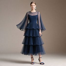 Elegant Navy Blue Tiered Tulle Gown with Sheer Sleeves - Formal Evening Dress for Women