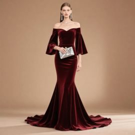 Burgundy Velvet Off - Shoulder Mermaid Evening Gown with Trumpet Sleeves