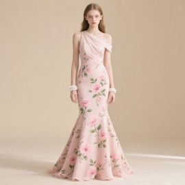 Elegant Pink One - Shoulder Floral Print Mermaid Evening Dress